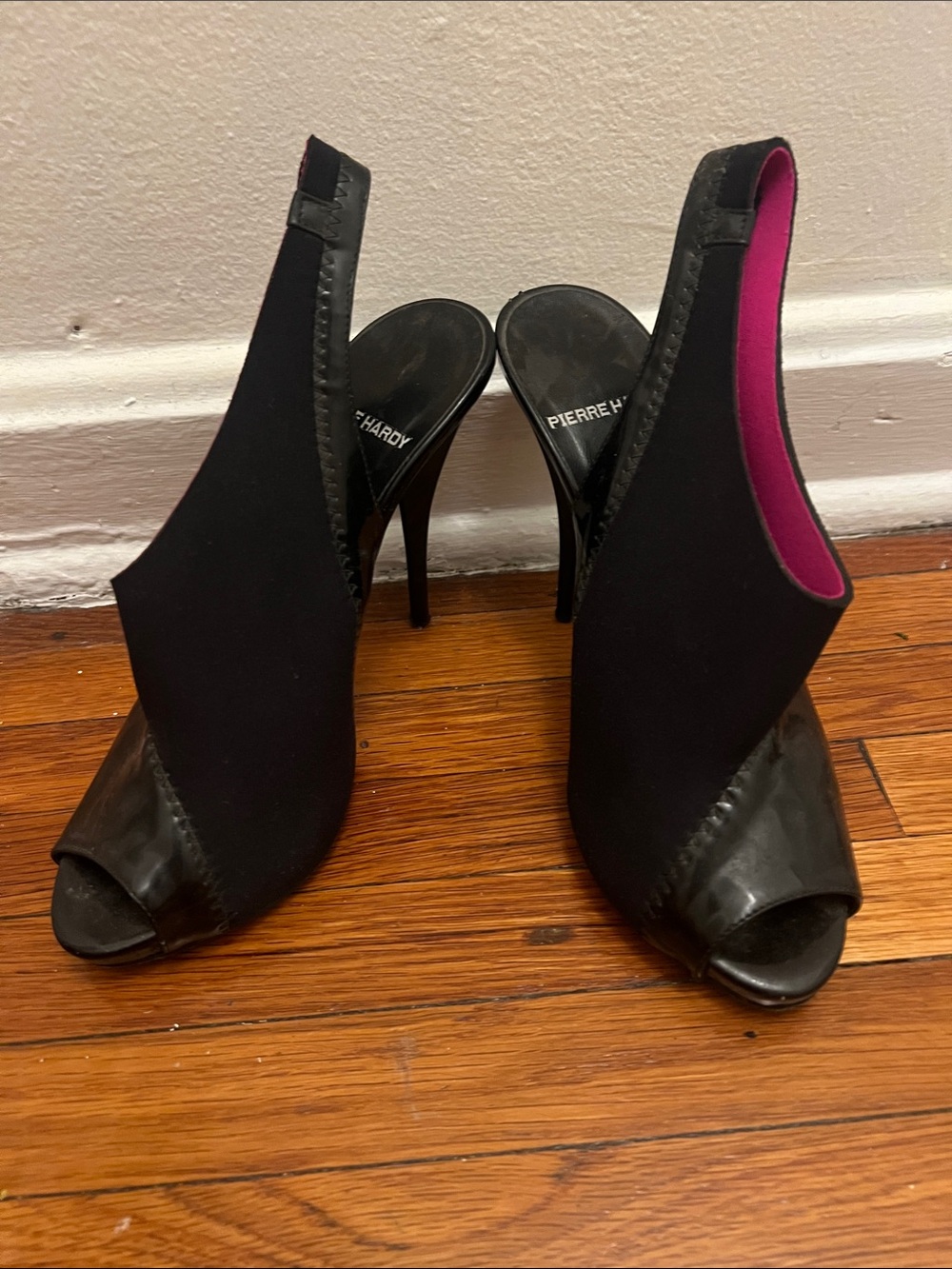 Pierre Hardy Black Slingback Peep-Toe Heels with Pink Lining